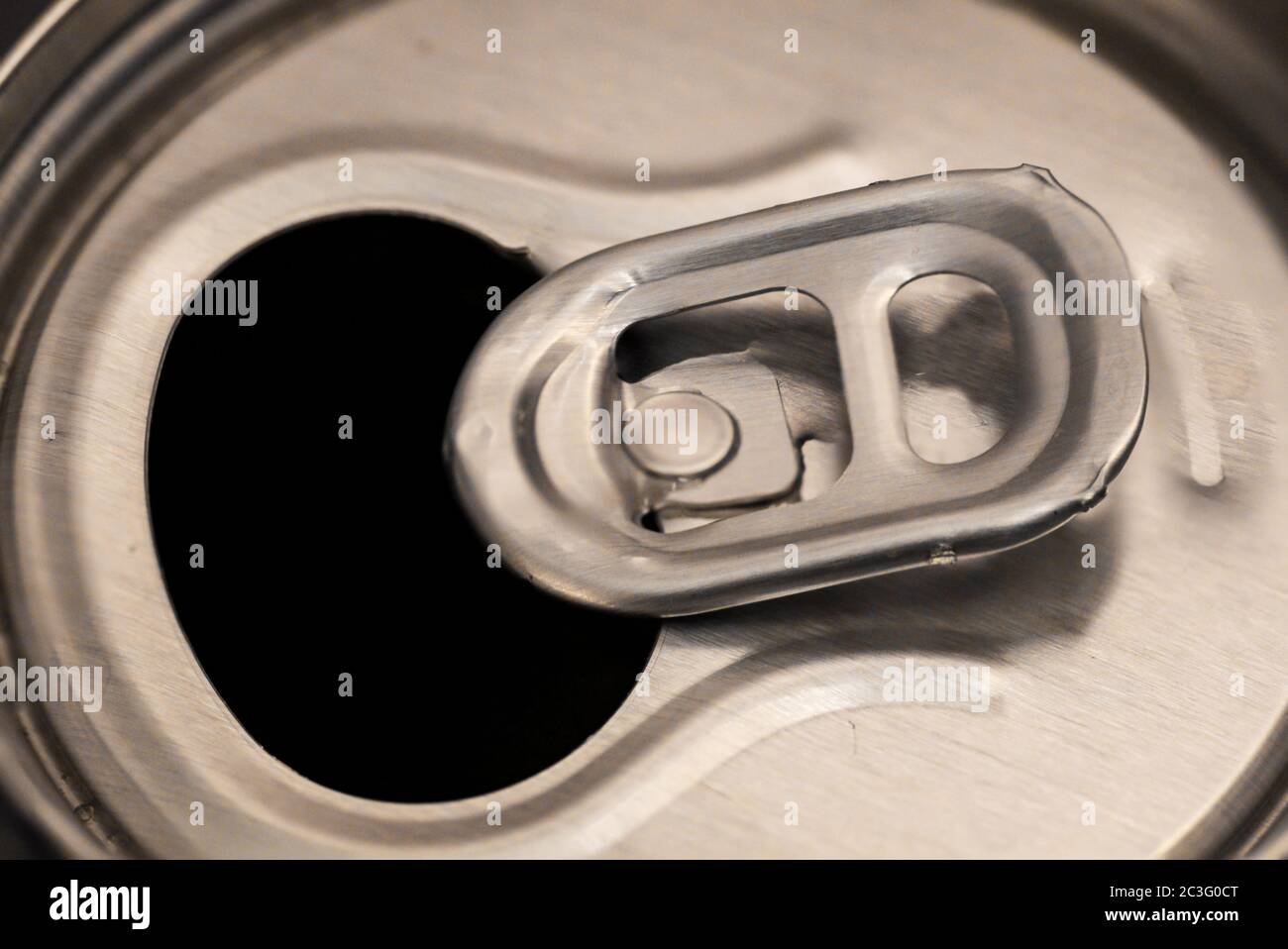 The lid of an aluminum beverage can from above. Stock Photo