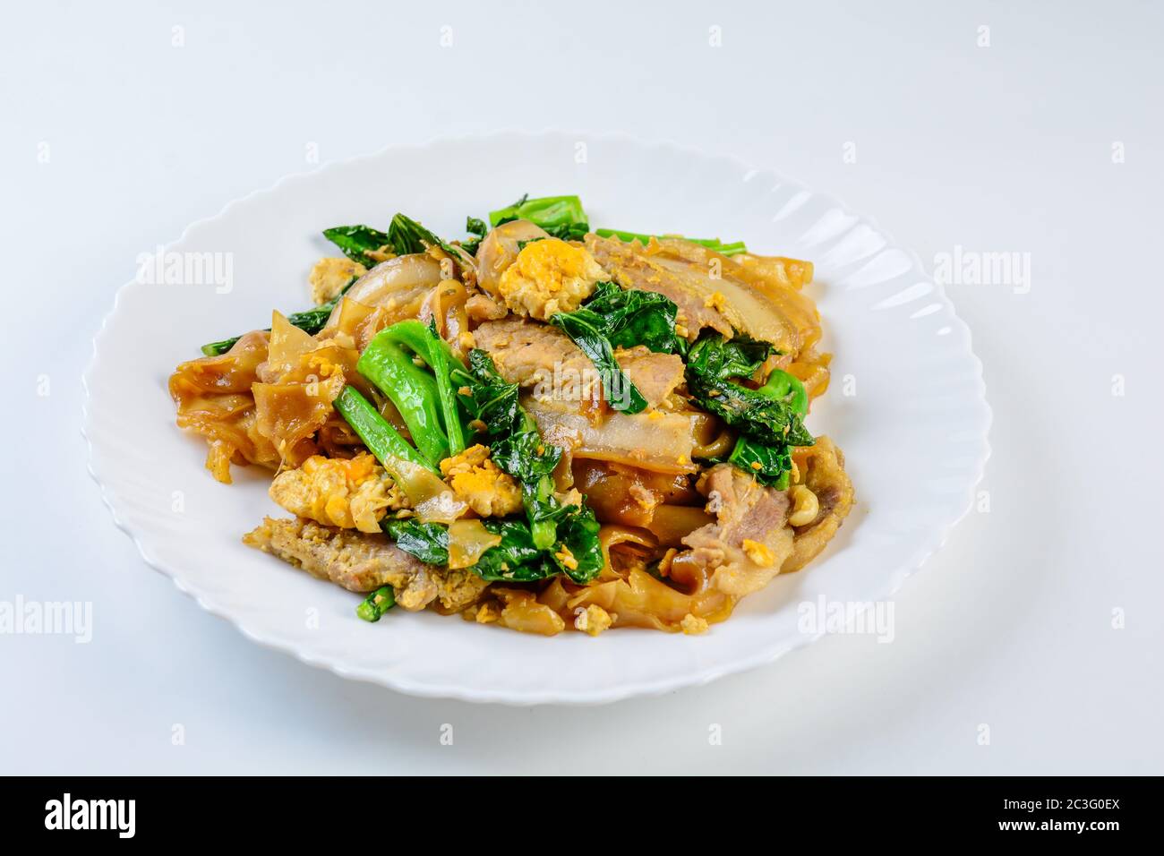 Stirfried Fresh Riceflour Noodles With Sliced Pork, Egg and Kale