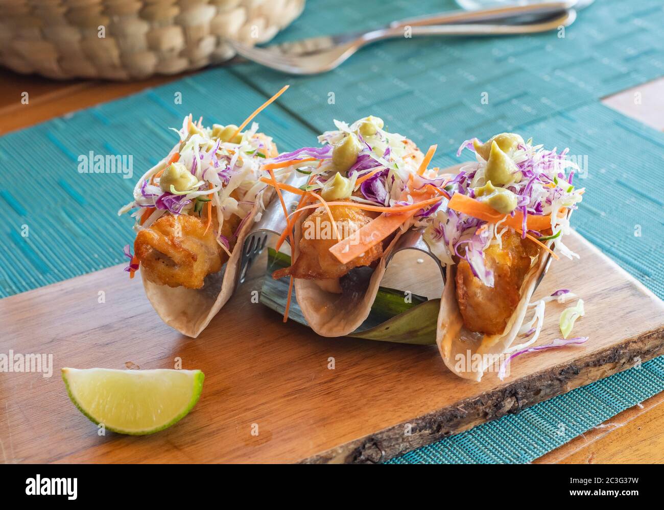 A plate of fish tacos, mexican food. Stock Photo