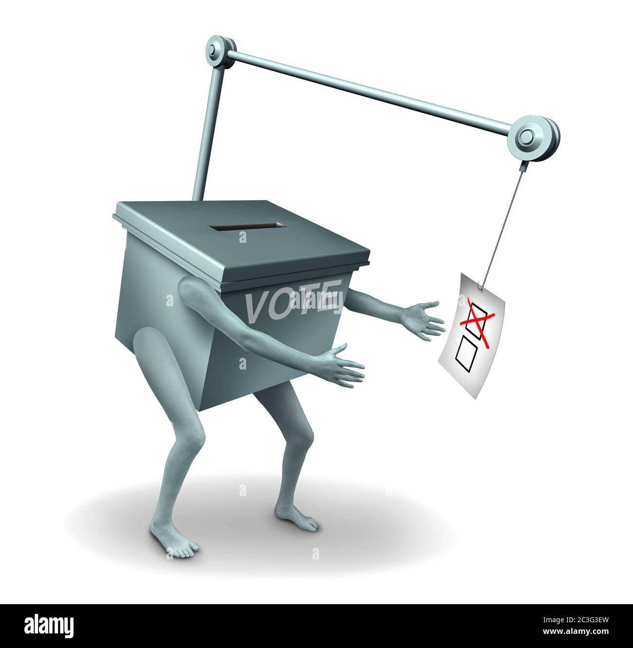 Searching for votes and election or campaigning for ballots as a voting box chasing a voter ballot representing politics or politician candidate. Stock Photo