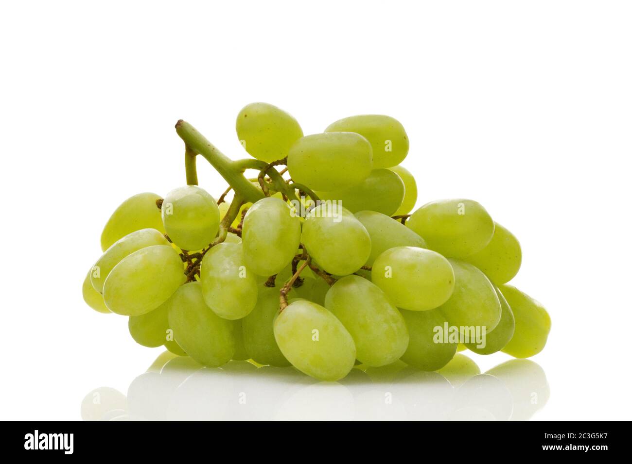 Ripe white wine grapes with stalk isolated on white background. Healthy food, grocery, vegan lifesty Stock Photo