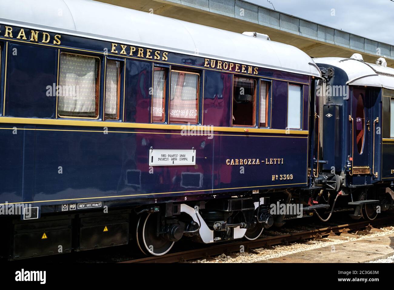 Ruse city, Bulgaria - August 29, 2017. The legendary Venice Simplon Orient Express is ready to depart from Ruse Railway station. The luxury train trav Stock Photo