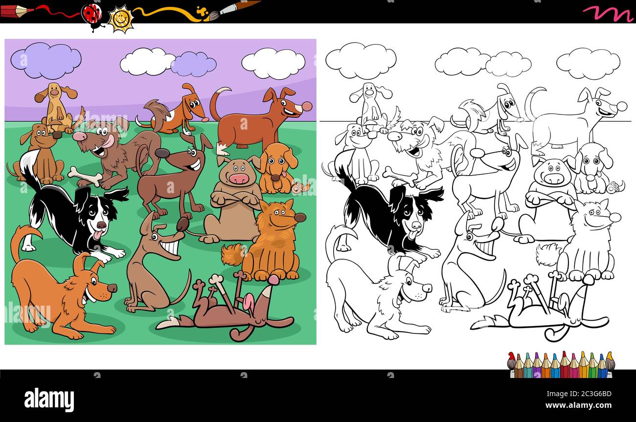 dogs characters large group coloring book page Stock Photo - Alamy