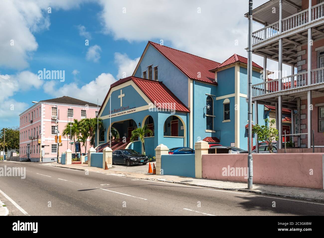 Nassau, Bahamas - May 3, 2019: Street view of Nassau at day with Zion Baptist Chuch on the Shirley Street. Zion Baptist Church was opened for public w Stock Photo