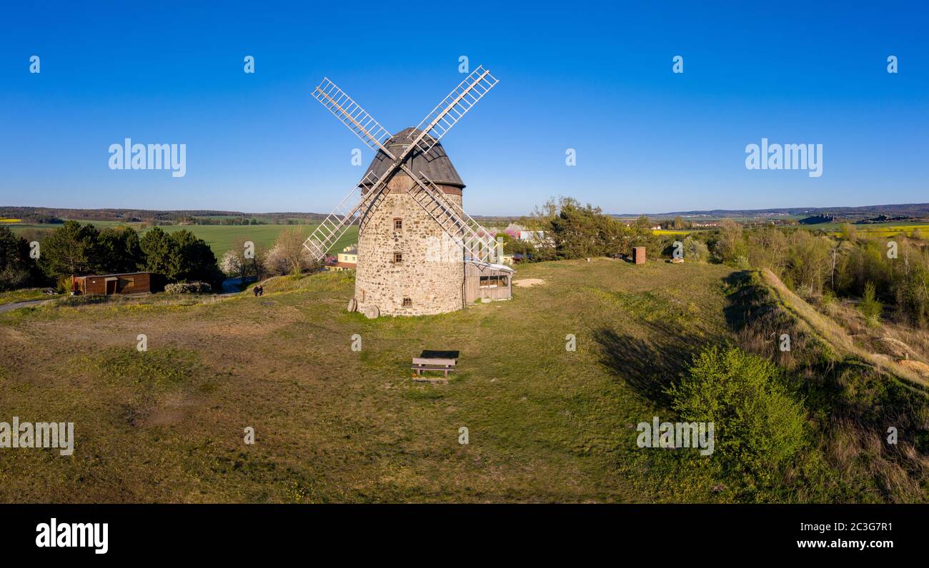 Aerial view Warnstedt windmill devil mill Warnstedt Thale Stock Photo