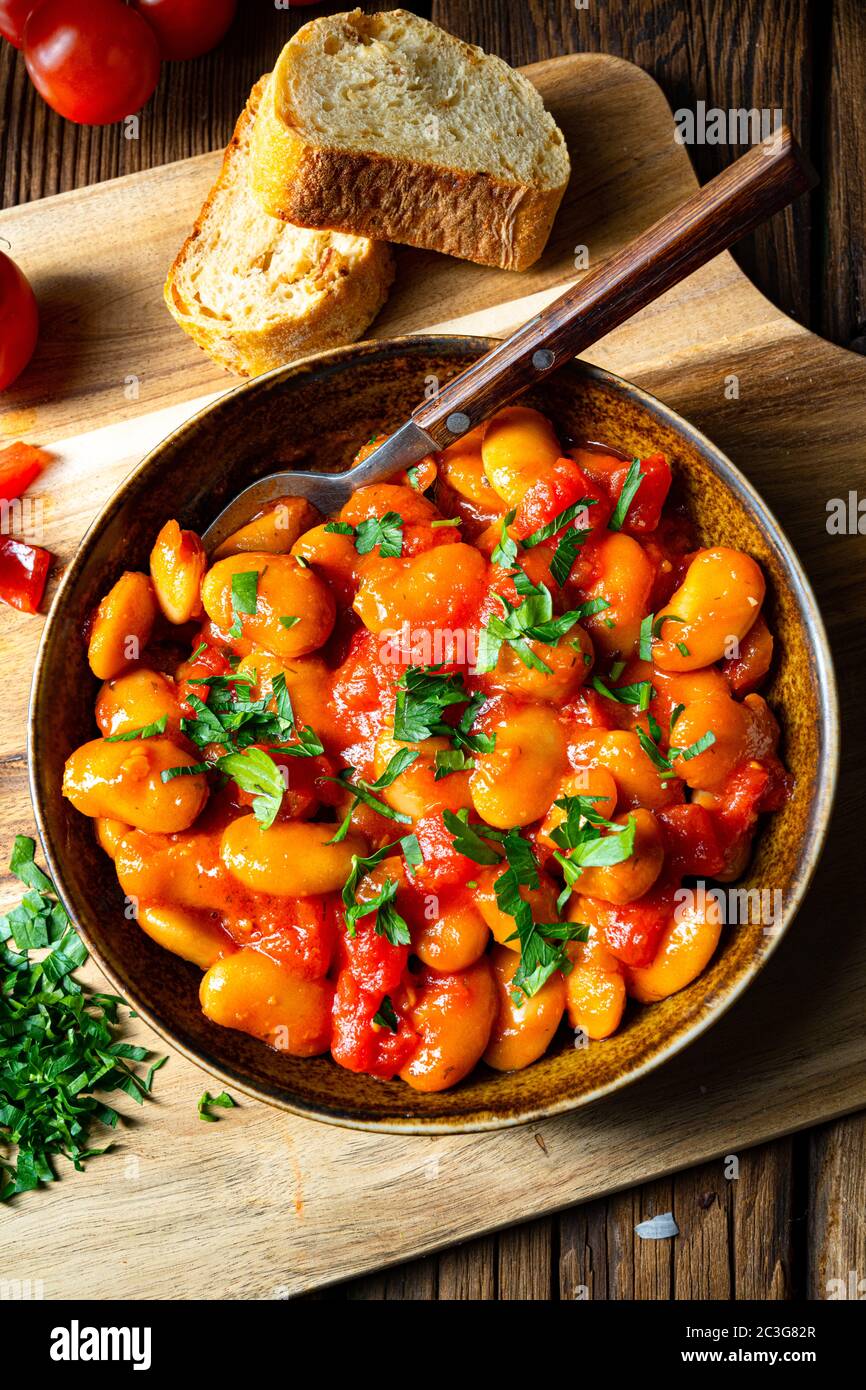 Rustic giant beans with fresh tomato sauce Stock Photo