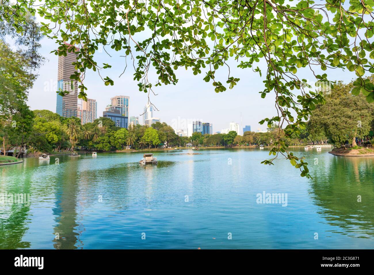 Lumphini park with lake and skyscrapers on skyline in Bangkok, Thailand Stock Photo