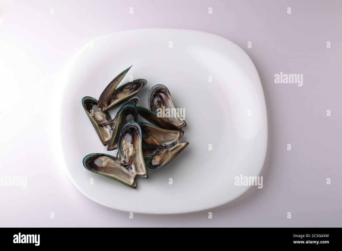 Kerala raw Mussels,kerala raw shell fishes arranged in a white plate with white texture or background Stock Photo