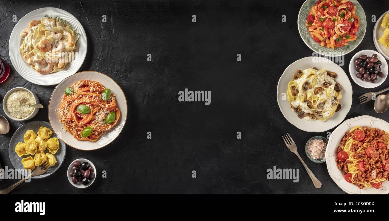 Pasta Design Panorama Assortment Of Italian Pasta Dishes Including Spaghetti Bolognese Penne With Chicken And Many Others S Stock Photo Alamy