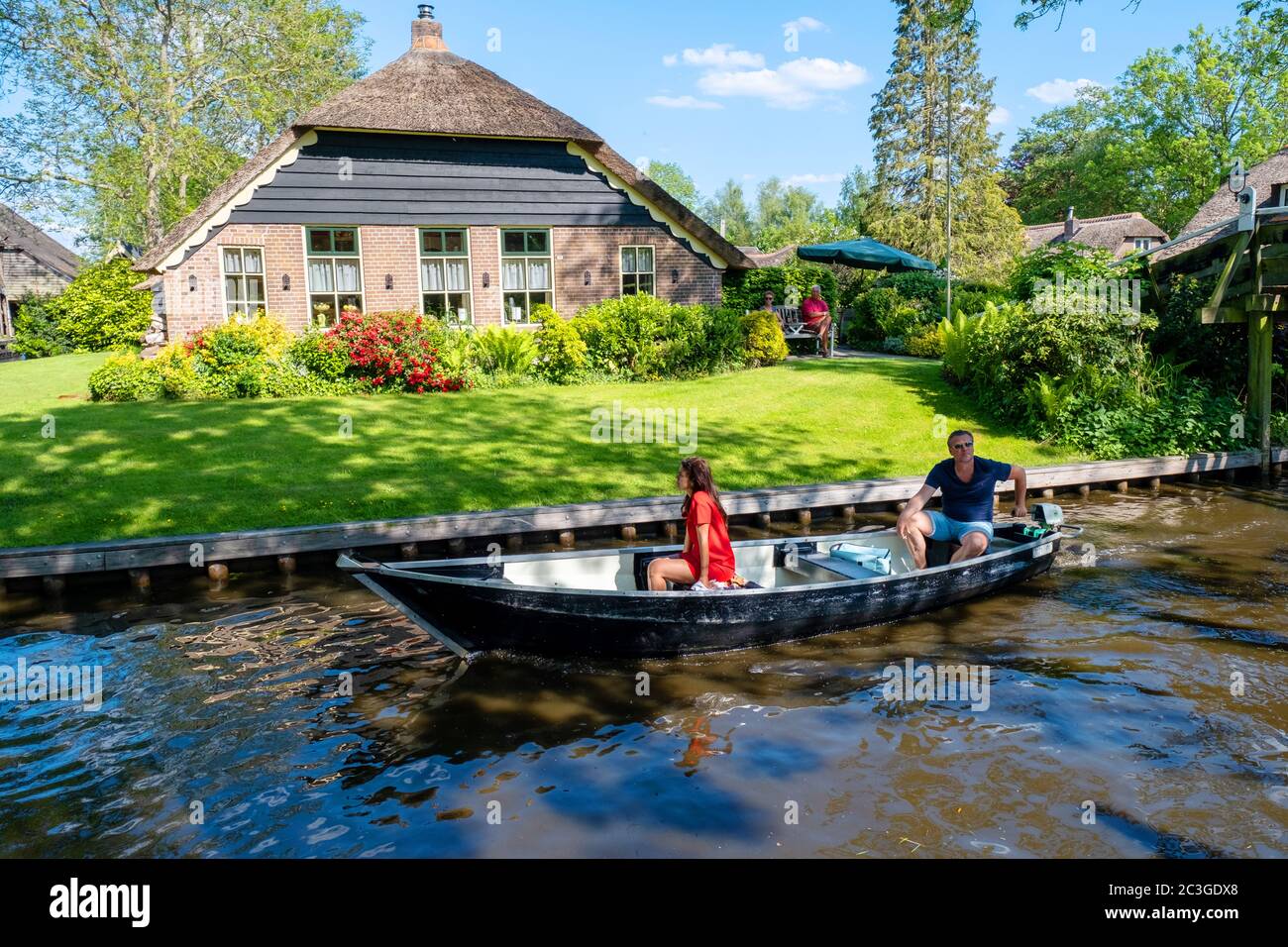 GIETHOORN, NETHERLANDS May 2020 view of typical houses of Giethoorn on