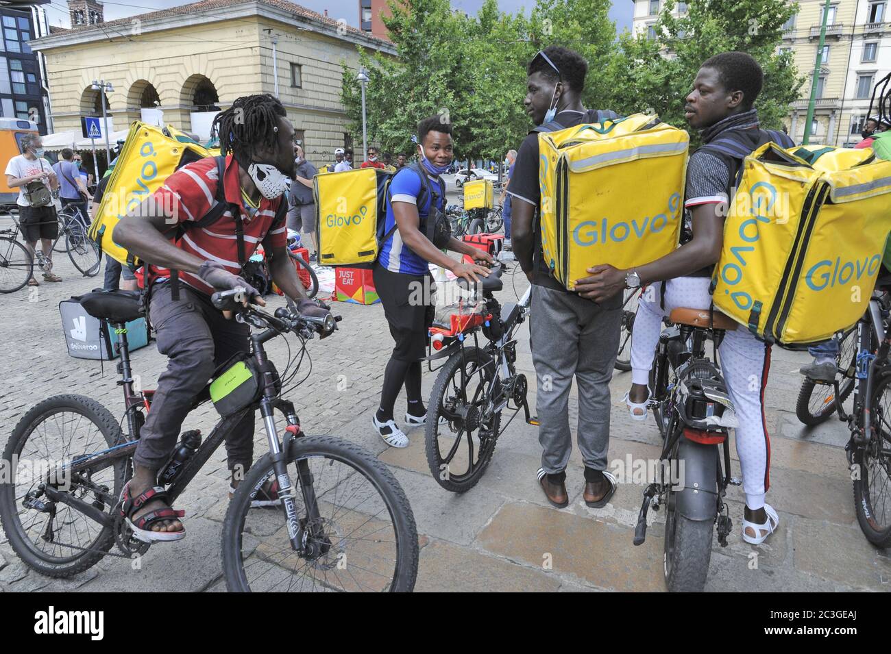 Milan, protest of the riders, bike messengers for home delivery of the food,  for the working conditions and against the decision of the regional transport company Trenord to no longer allow bicycles on trains Stock Photo