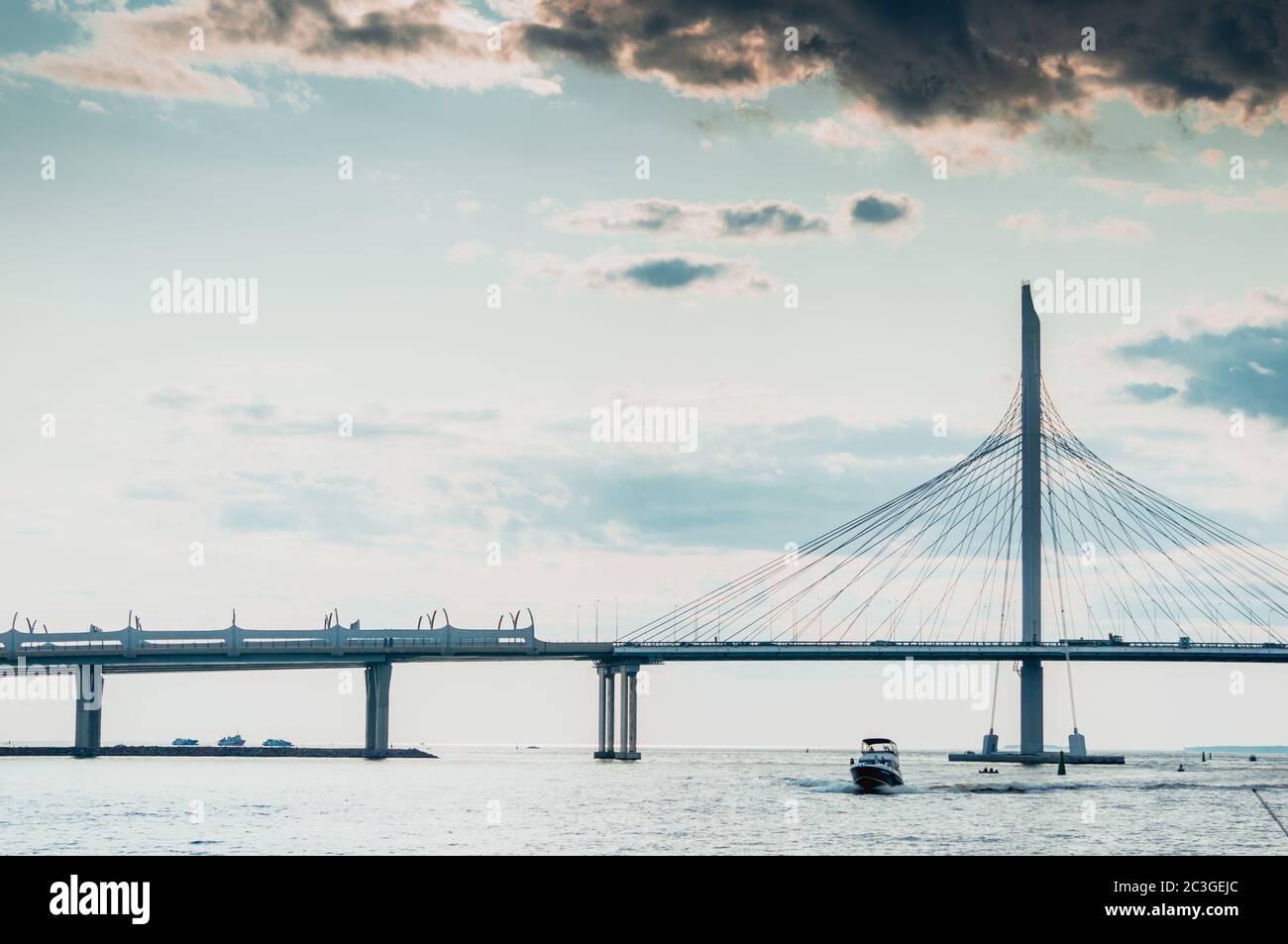 Western Speed Diameter Bridge in Saint Petersburg with Gulf of Finland panorama and dramatic clouds Stock Photo