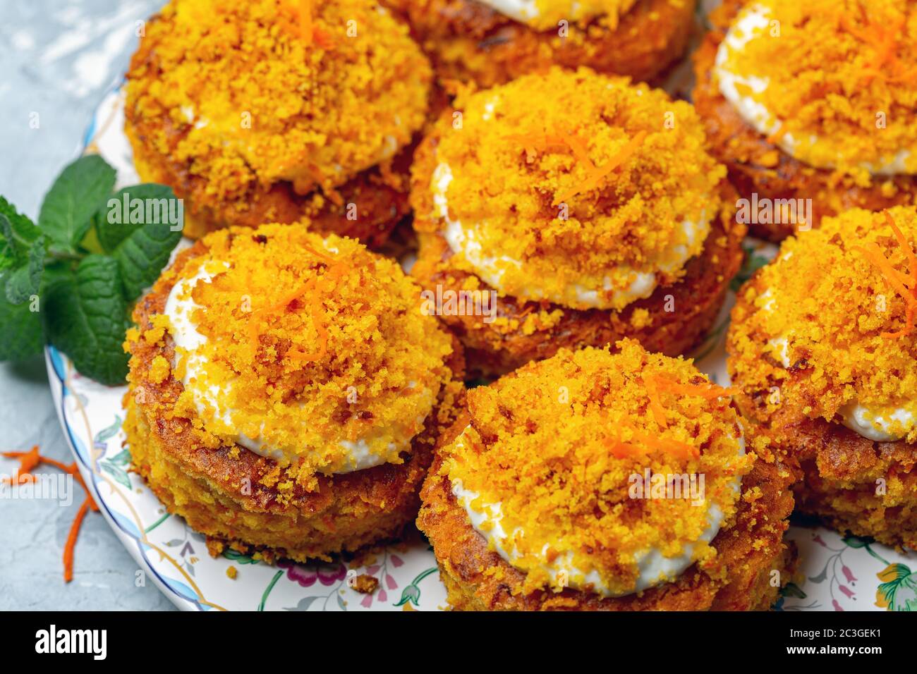 Traditional carrot cakes close-up. Stock Photo