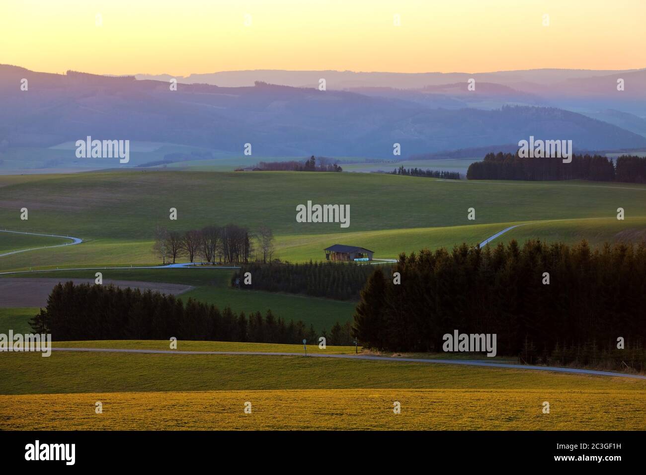Landscape at sunrise in Oesterberge, Eslohe, Sauerland, North Rhine-Westphalia, Germany, Europe Stock Photo