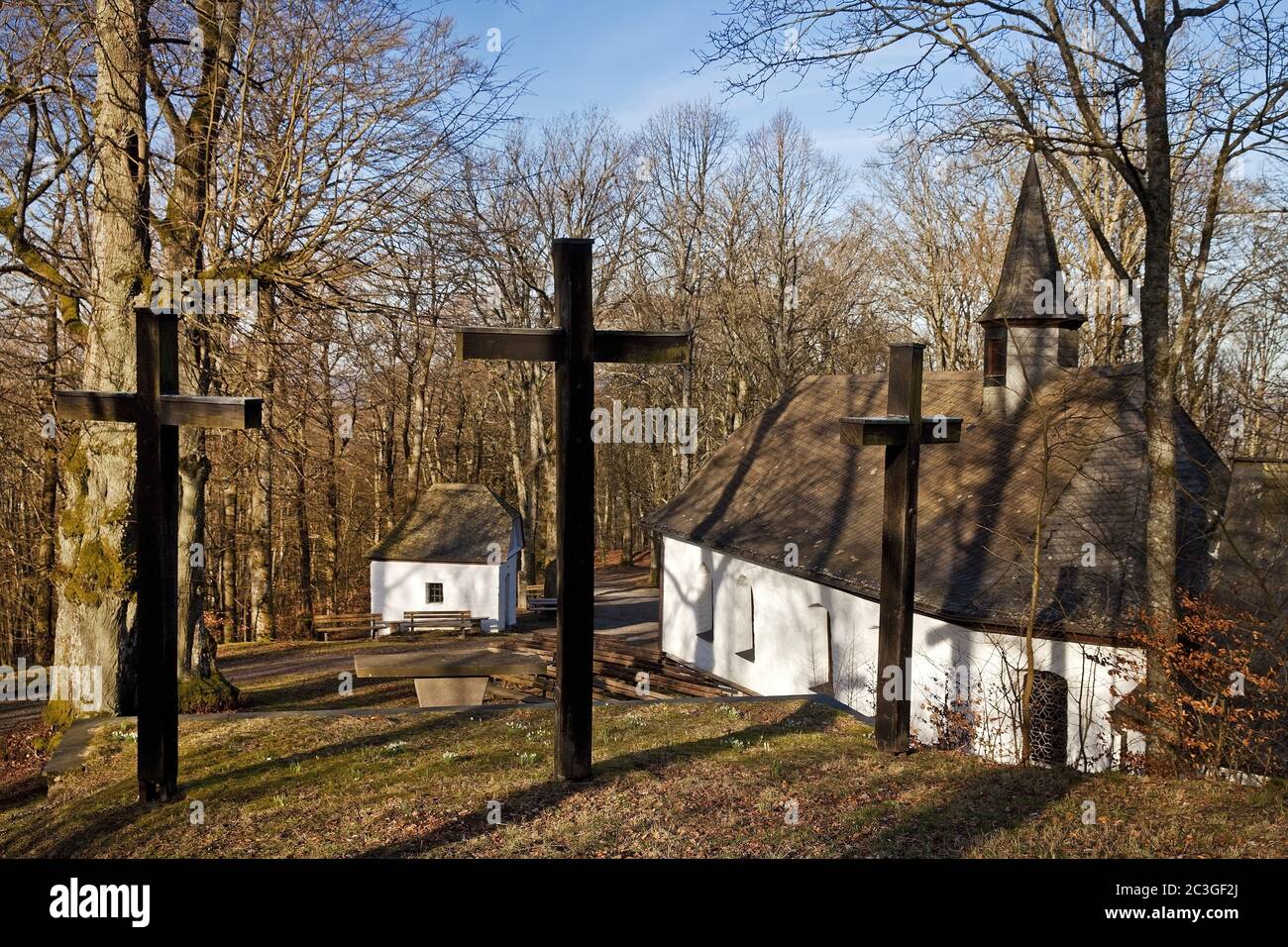 Maien chapel with cross group on the Wilzenberg, Grafschaft, Schmallenberg, Germany, Europe Stock Photo