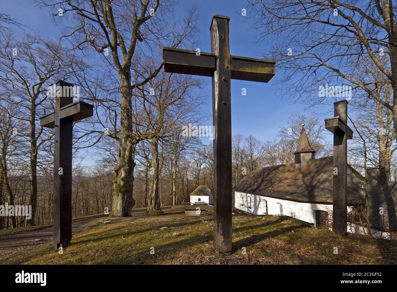 Maien chapel with cross group on the Wilzenberg, Grafschaft, Schmallenberg, Germany, Europe Stock Photo