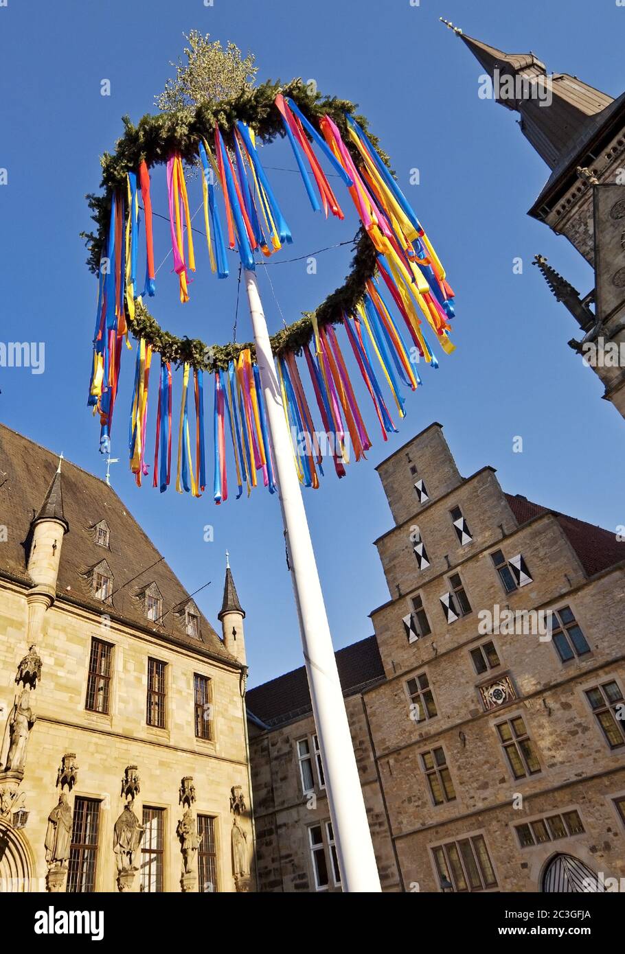 maypole with town hall, City Libra and St. Mary's Church , Osnabrueck, Lower Saxony, Germany, Europe Stock Photo