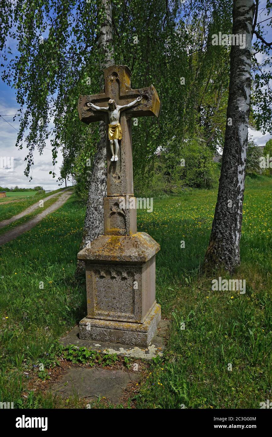 wayside cross at the Kinzig Valley Jakobsweg near Leinstetten in the Glatt Valley, Black Forest Stock Photo