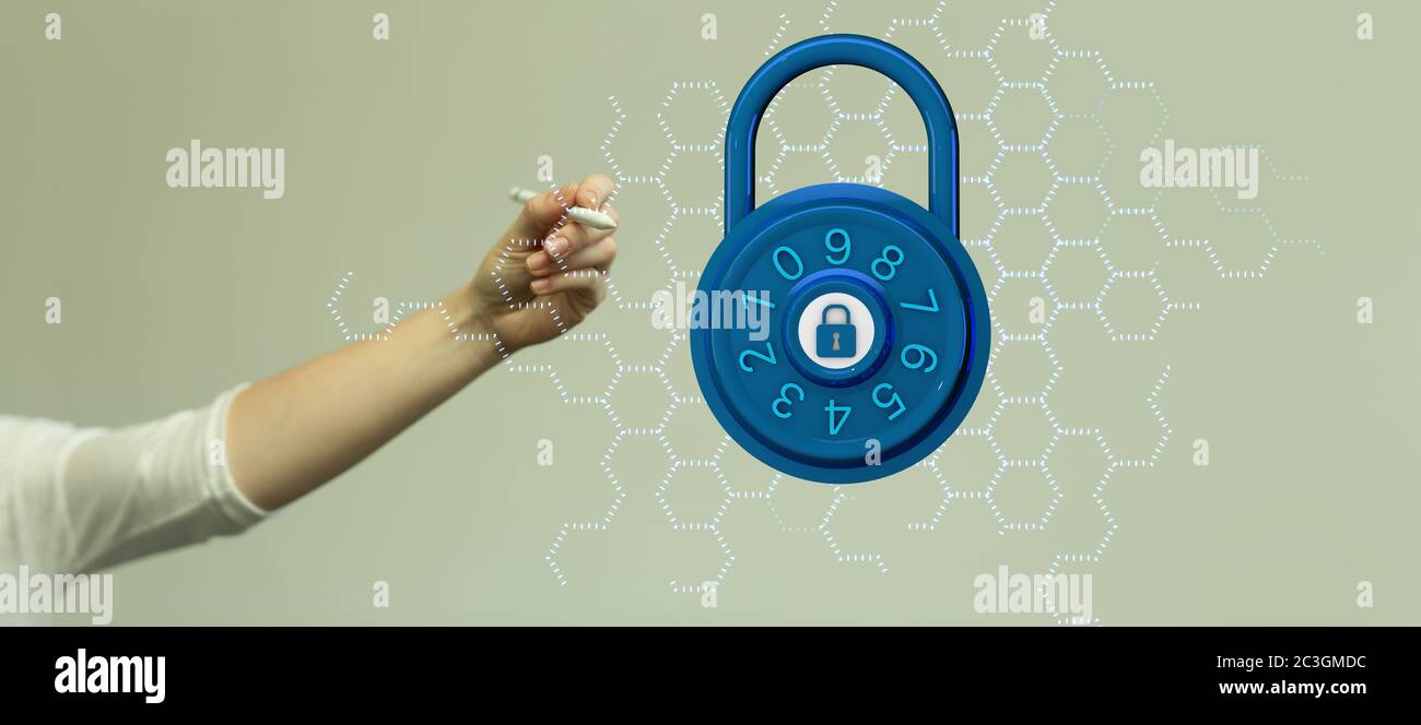 Person pointing to a lock with code icon Stock Photo - Alamy