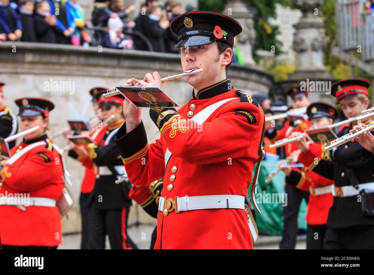 Flute player in red uniform from Ballywalter Flute Band at the Lord Mayor's Show, City of London, UK Stock Photo