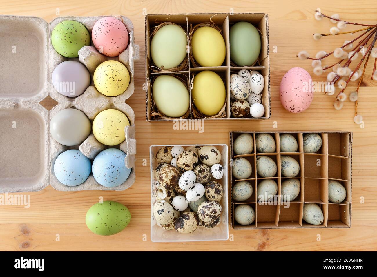 Easter eggs on wooden table. Festive time Stock Photo
