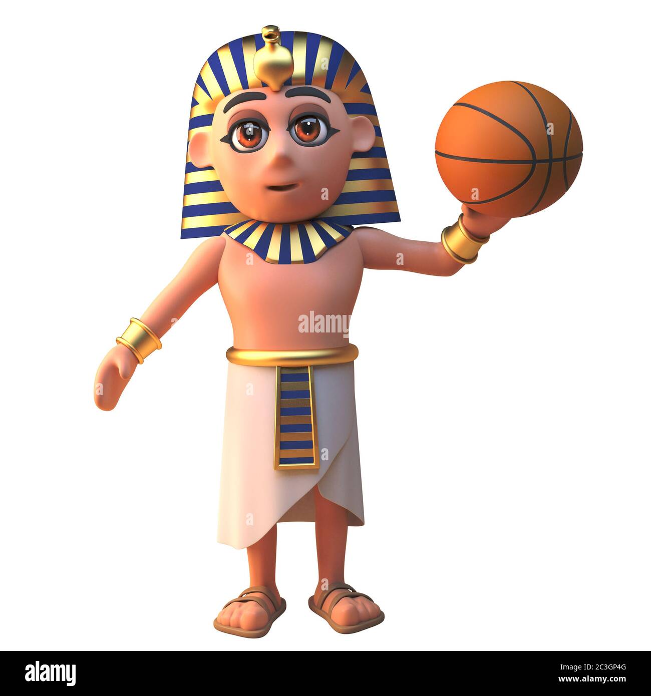 Cartoon 3d Egyptian pharaoh character holding a baskeball, 3d