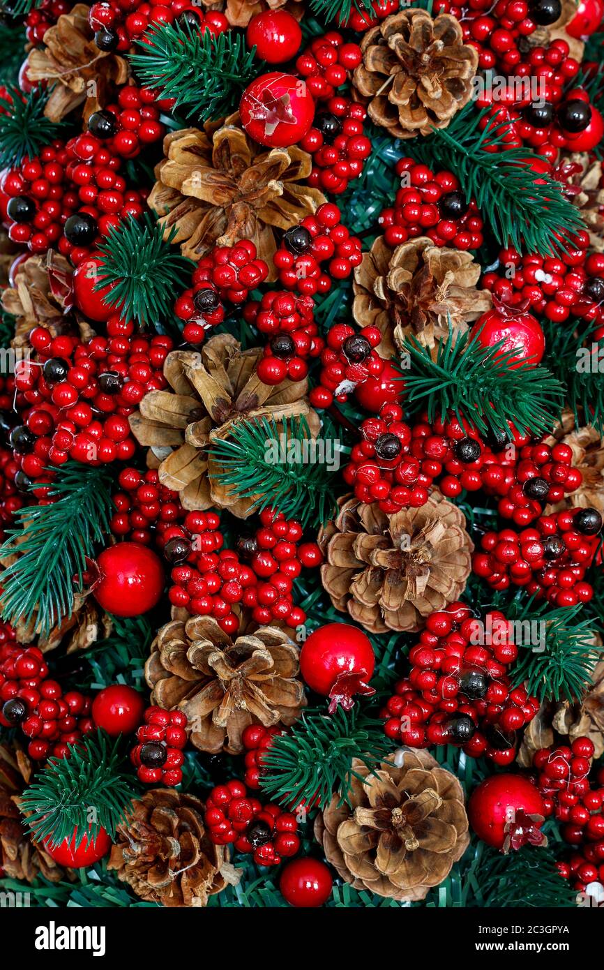 Christmas background with red berries, cones and fir twigs. Graphic ...