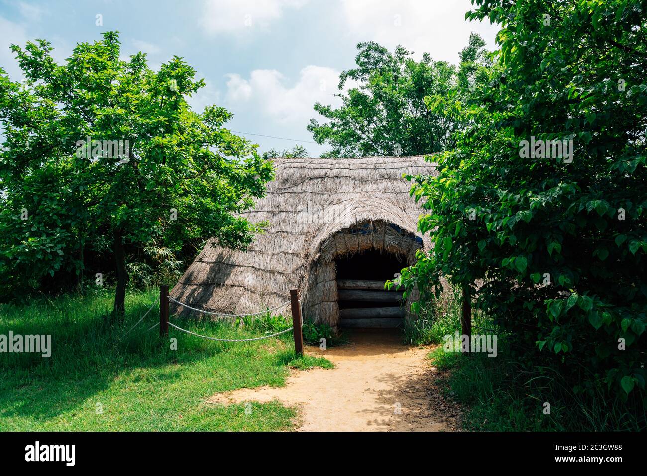 Straw hut traditional house at Ganghwa Dolmen park UNESCO World