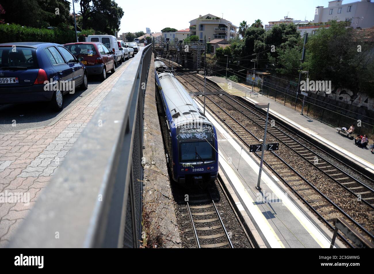 East-bound E.M.U. leaving the station, St Raphael. Stock Photo