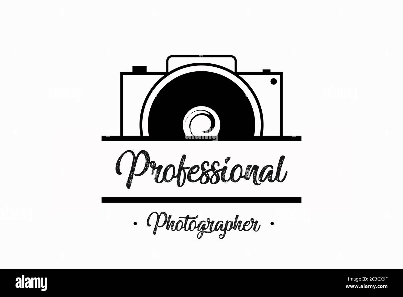 Illustration of photo camera in black color, on white background, with the text professional photographer Stock Photo