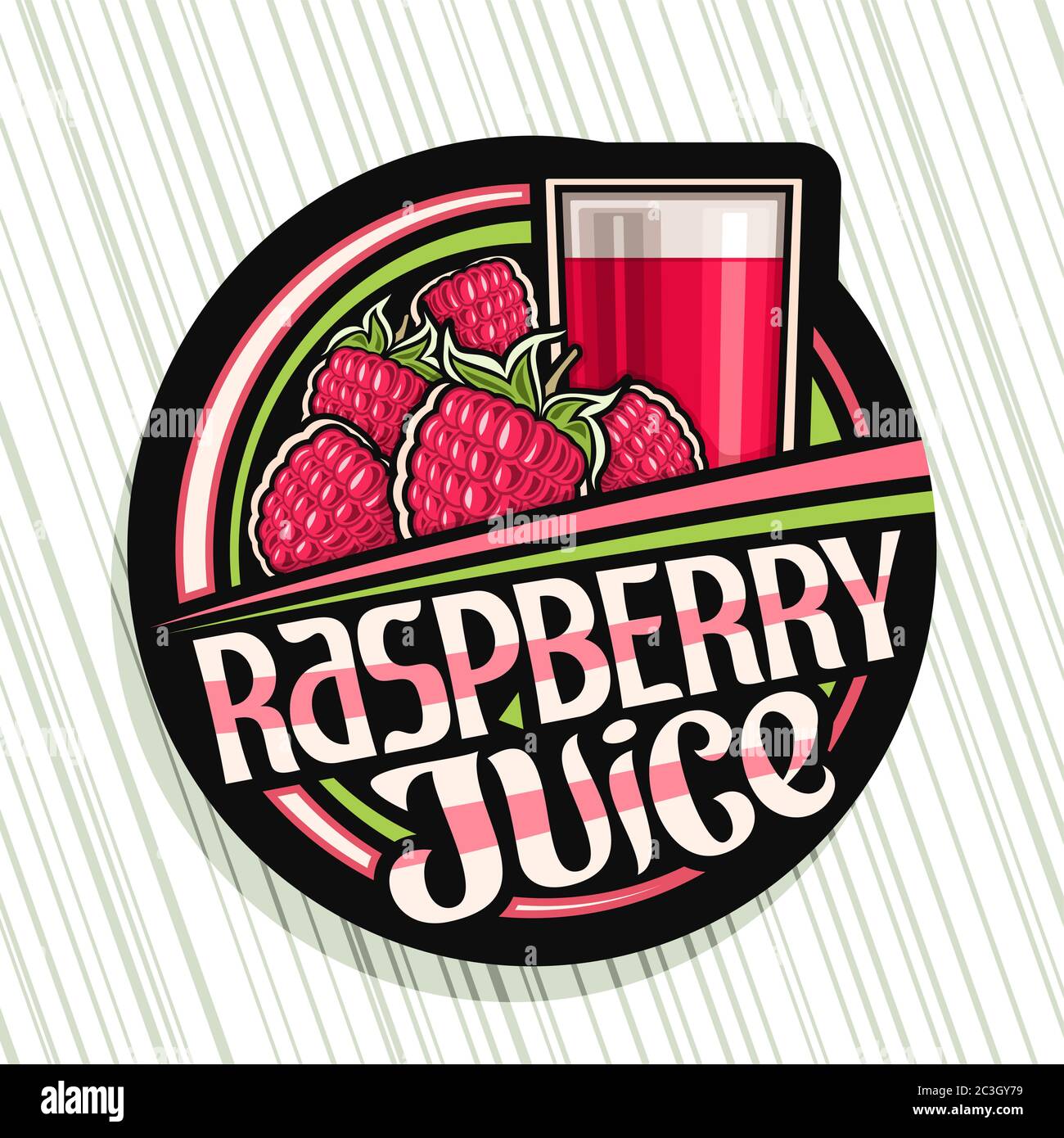 Vector logo for Raspberry Juice, dark decorative label with illustration of berry drink in glass, heap of cartoon raspberries, fruit concept with uniq Stock Vector