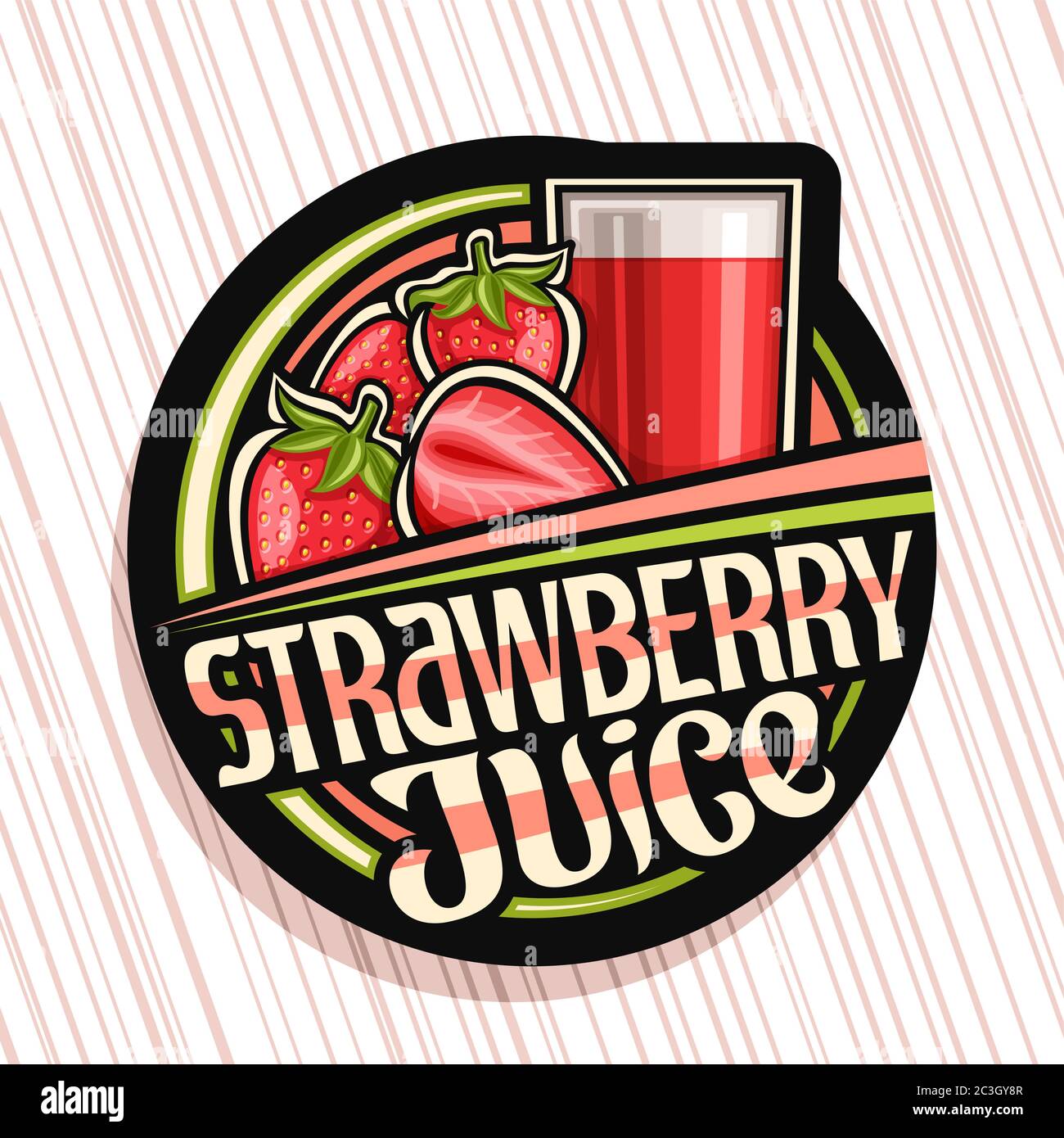 Vector logo for Strawberry Juice, dark decorative label with illustration of exotic berry drink in glass and cartoon strawberries, fruit concept with Stock Vector