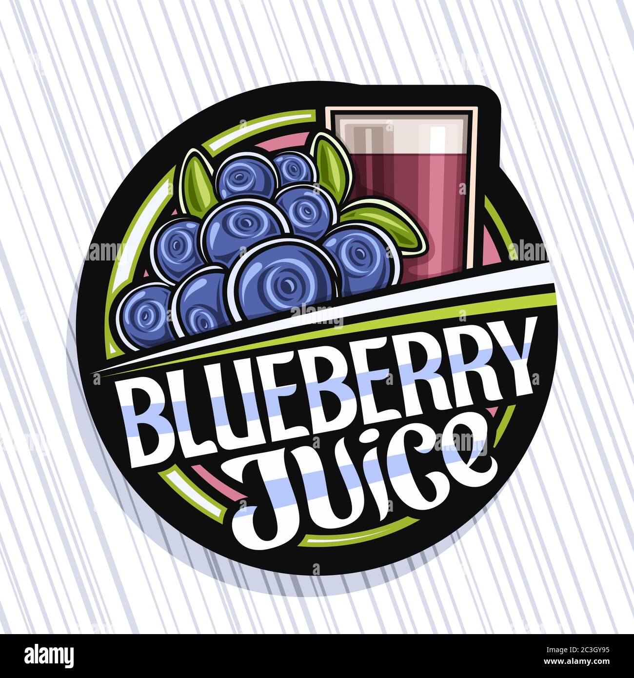 Vector logo for Blueberry Juice, dark decorative label with illustration of berry drink in glass, heap of cartoon blueberries, fruit concept with uniq Stock Vector