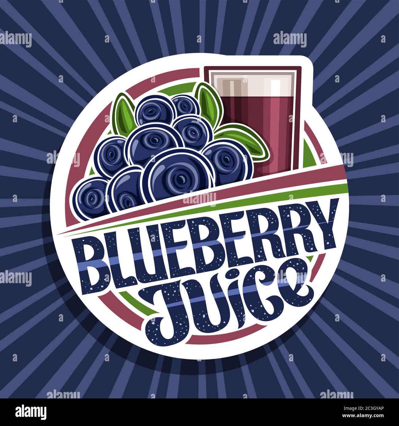 Vector logo for Blueberry Juice, decorative cut paper label with illustration of berry drink in glass, pile of cartoon blueberries, fruit concept with Stock Vector