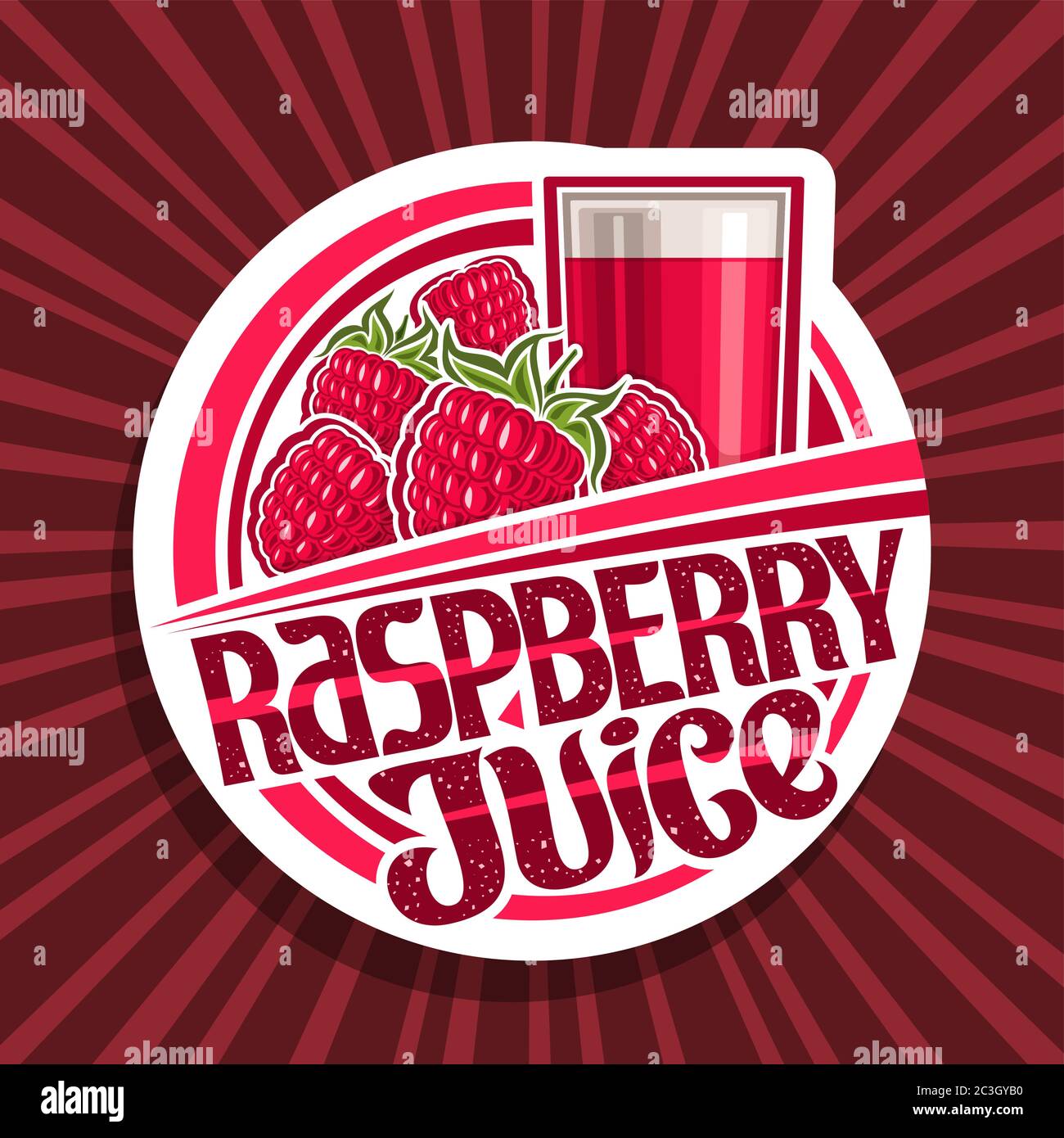 Vector logo for Raspberry Juice, decorative cut paper label with illustration of berry drink in glass, pile of cartoon raspberries, fruit concept with Stock Vector