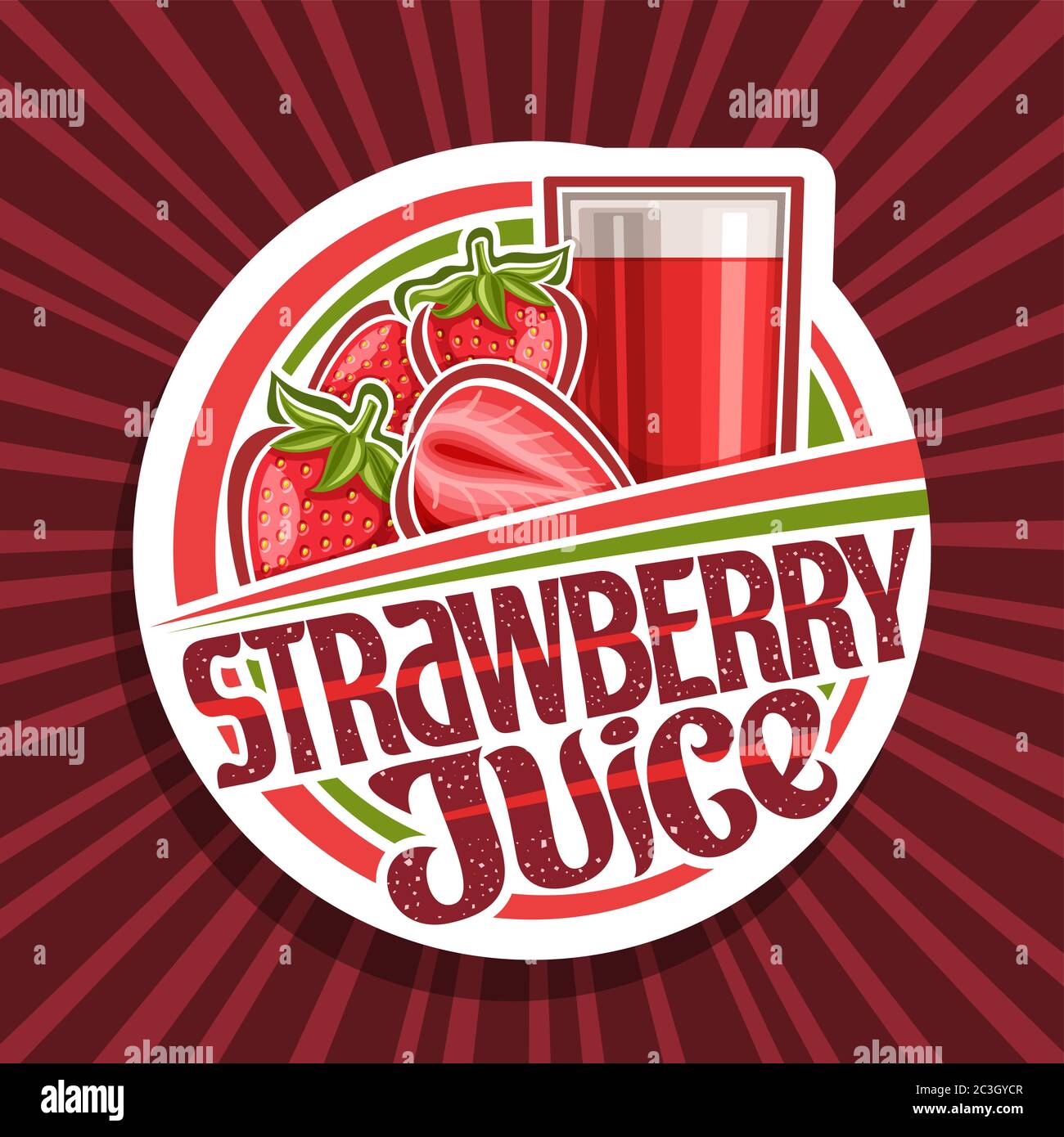 Vector logo for Strawberry Juice, decorative cut paper label with illustration of berry drink in glass and cartoon strawberries, fruit concept with un Stock Vector