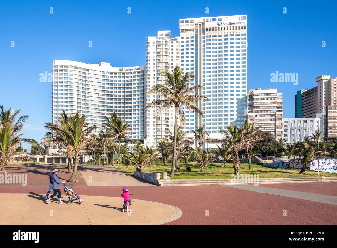 DURBAN, SOUTH AFRICA - MAY 28 2020 General beachfront views of Durban promenade in the morning during the daily exercise hours of 6-9am DURBAN Stock Photo