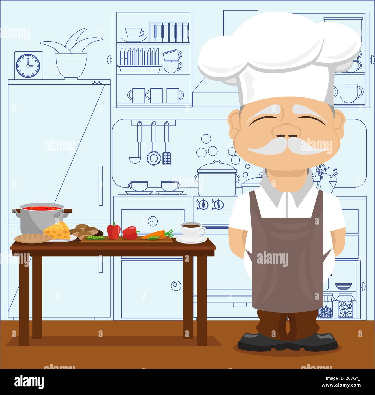 Good chef in the kitchen. Vector illustration on the theme of food and
