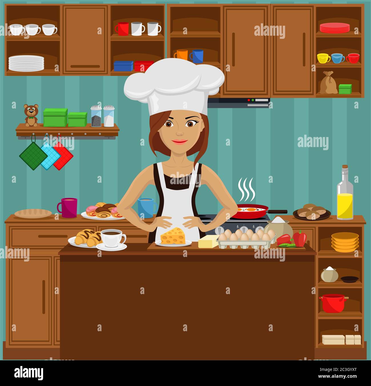 Cute mom cartoon cook in the kitchen Royalty Free Vector