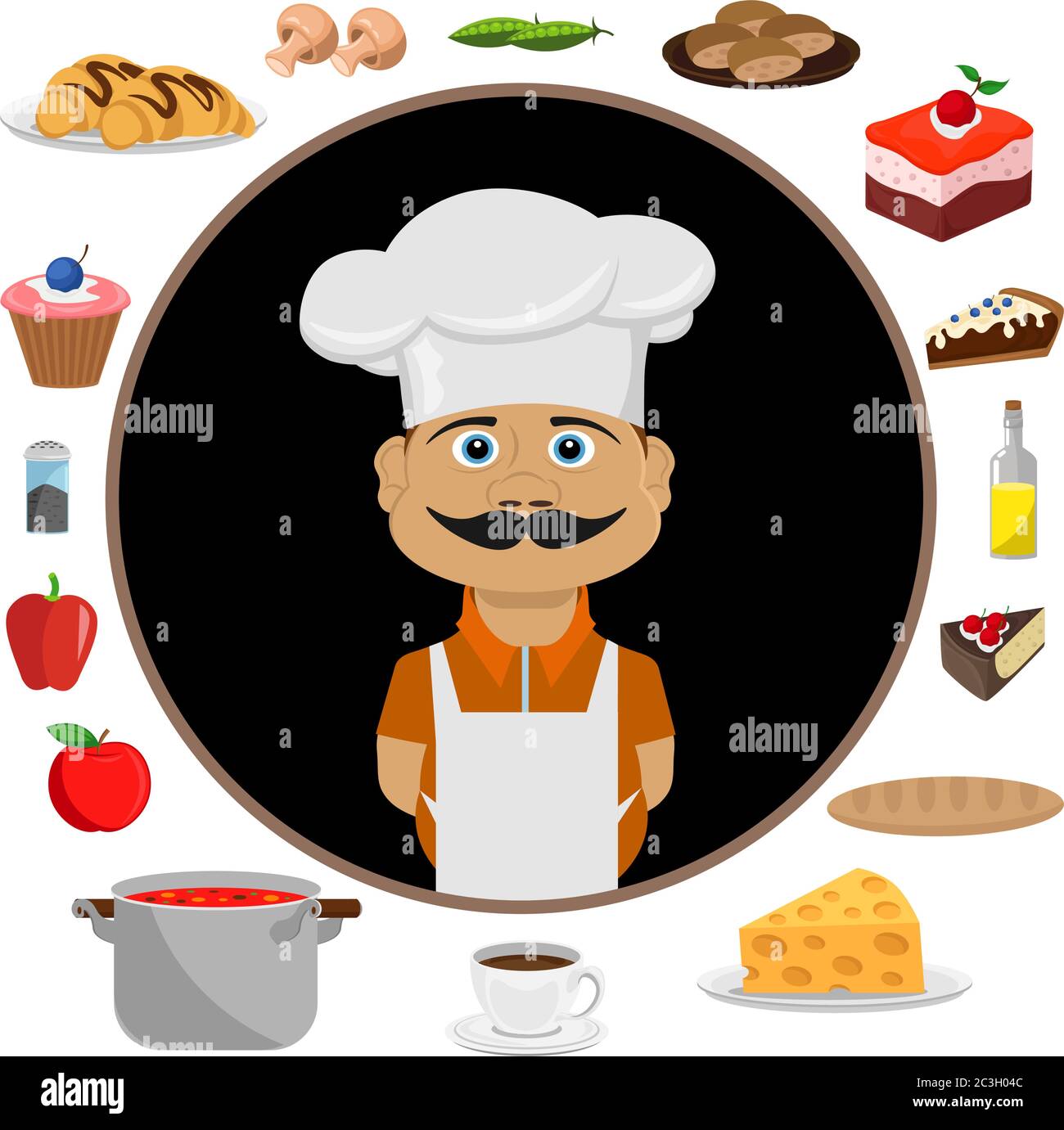 A good cook and a set of different products. Vector illustration on the theme of cooking. Stock Vector