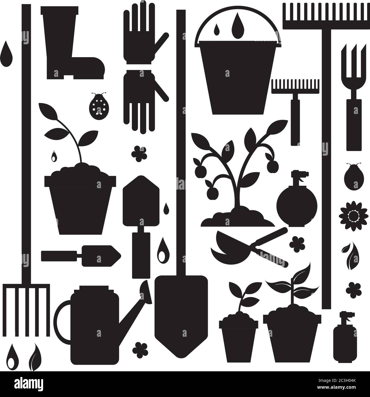 Vector set of silhouettes of gardening. Garden care items on a white isolated background. Stock Vector