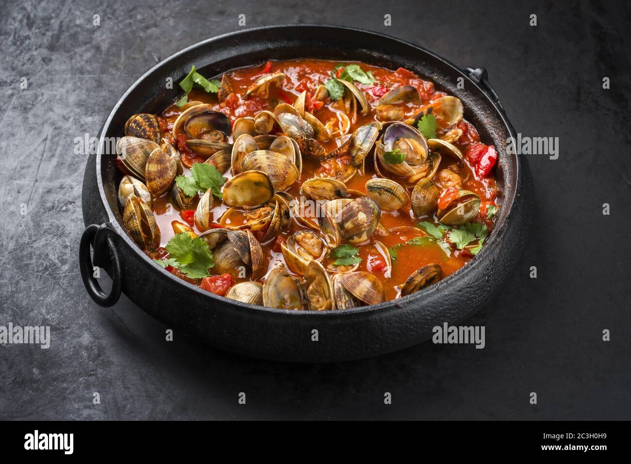 Cooked Japanese carpet shell with paprika and herbs in spicy tomato garlic sauce as closeup in a modern design pot Stock Photo