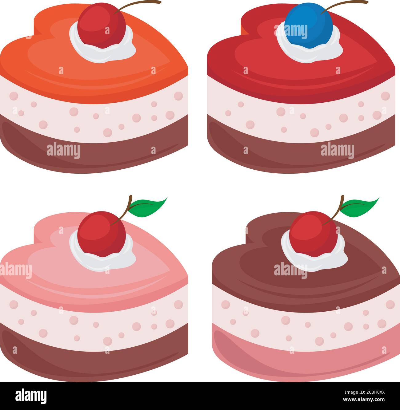 Set of cakes in the form of hearts. Vector illustration on the theme of eating souffle cakes sweets. Stock Vector