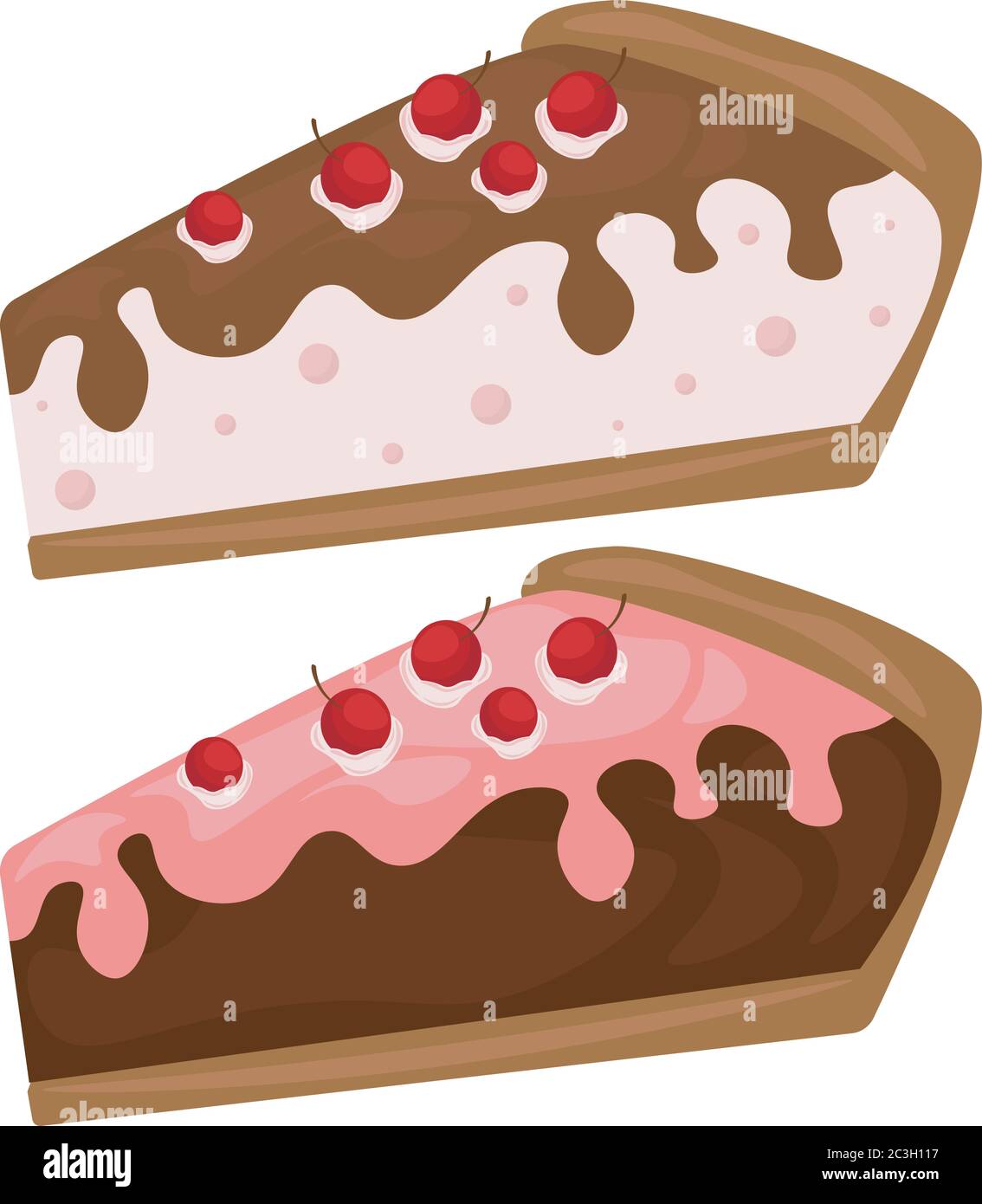 Sweet cake with cherry. Vector icon of sweet cake with jelly and souffle layers and raspberry jam. Set of cakes. Stock Vector