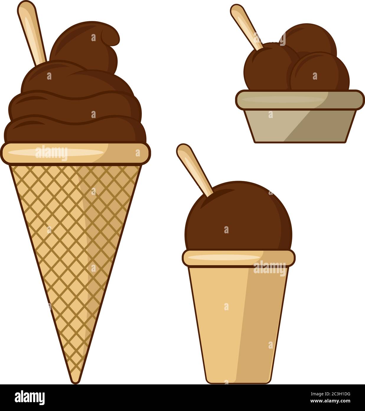 Set of chocolate ice cream: waffle Cup, cone, plate on a white isolated ...