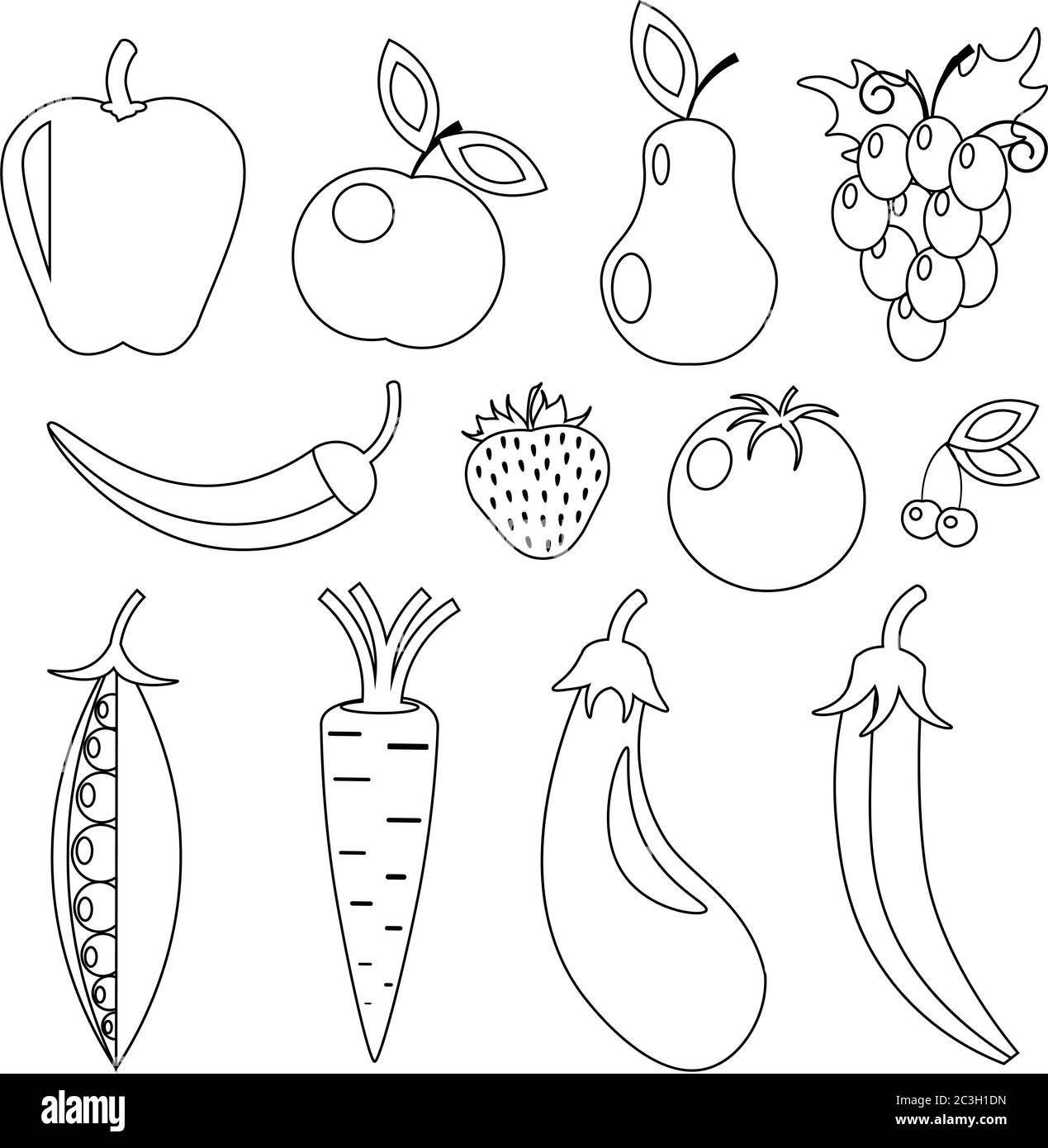 Vector coloring of vegetables and fruits. Food on a white isolated background. Stock Vector