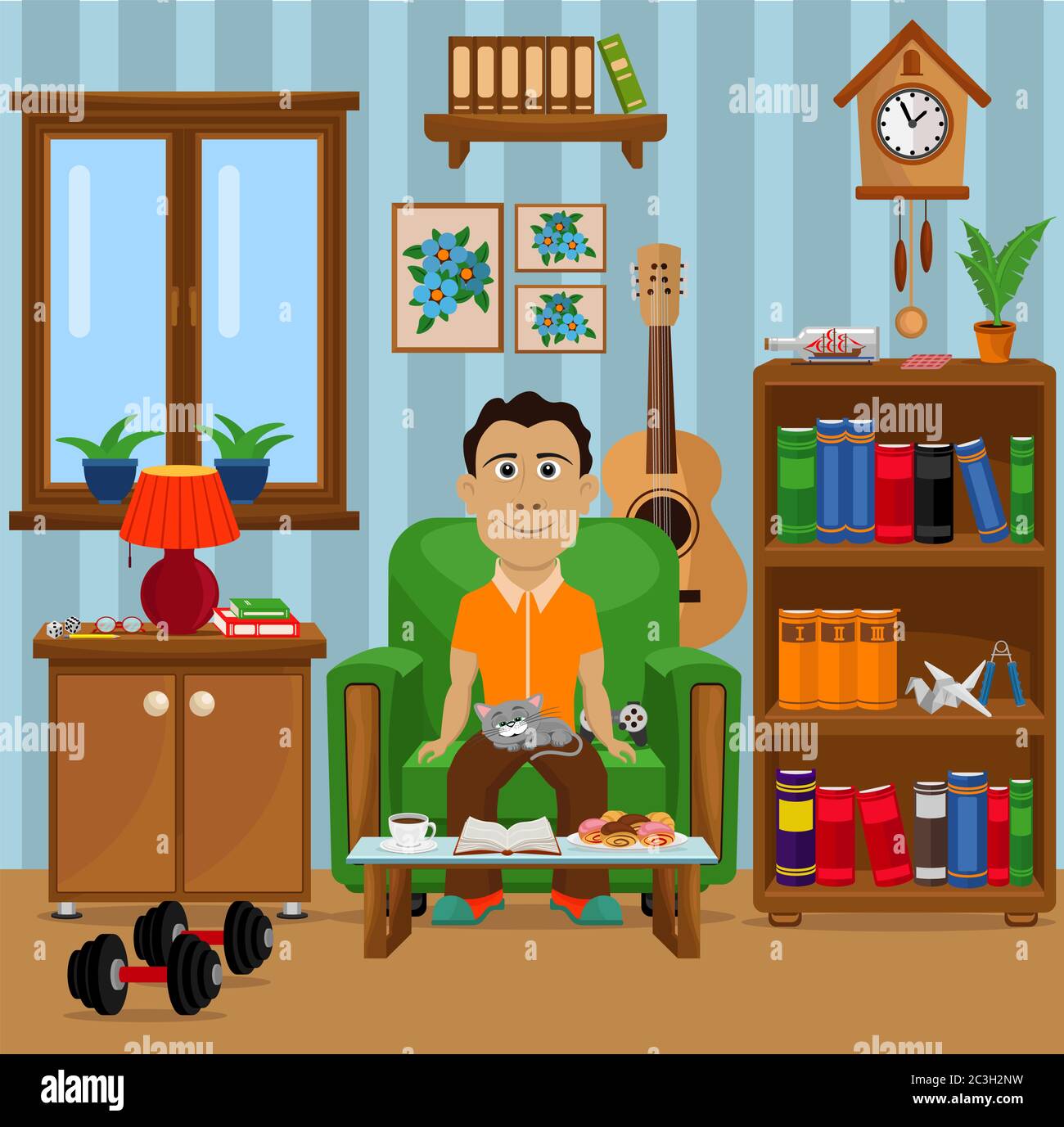 A person is sitting in a chair, reading and having a good time. Vector illustration on the theme of home interior. Stay home. Stock Vector