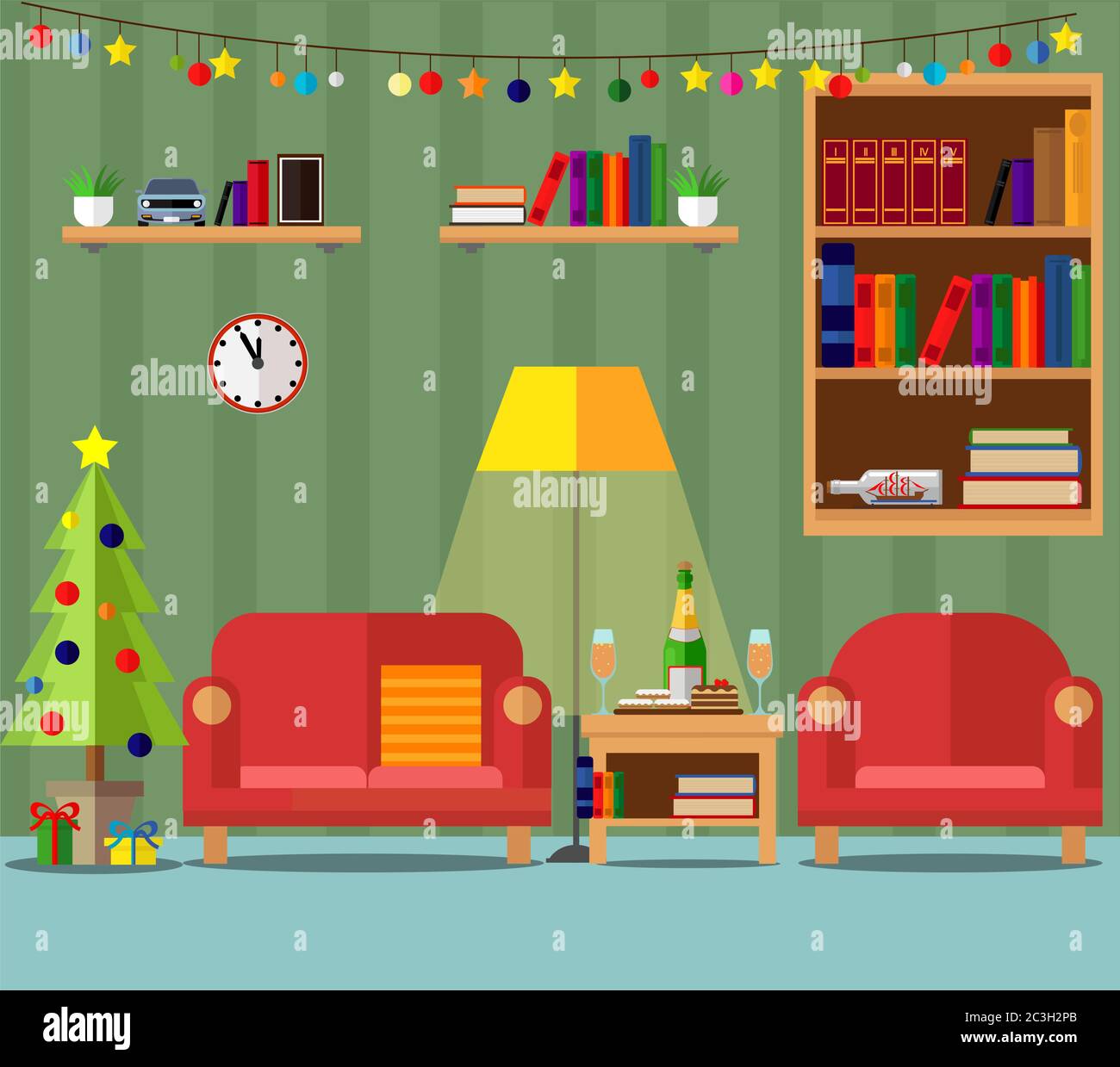 Vector living room prepared for the celebration of new year and Christmas. Stock Vector