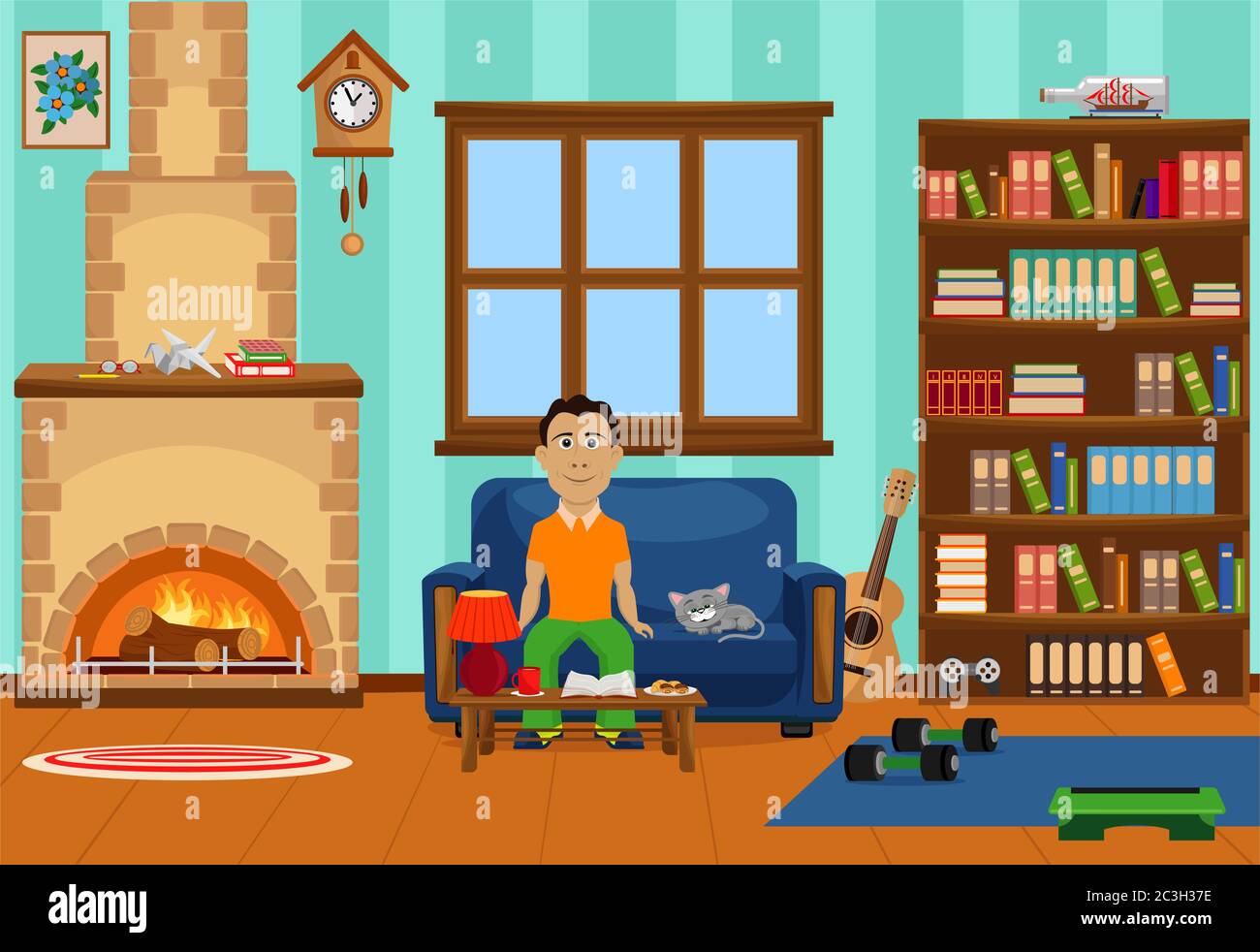 A person is sitting in a chair, reading and having a good time. Vector illustration on the theme of home interior. Stay home. Stock Vector