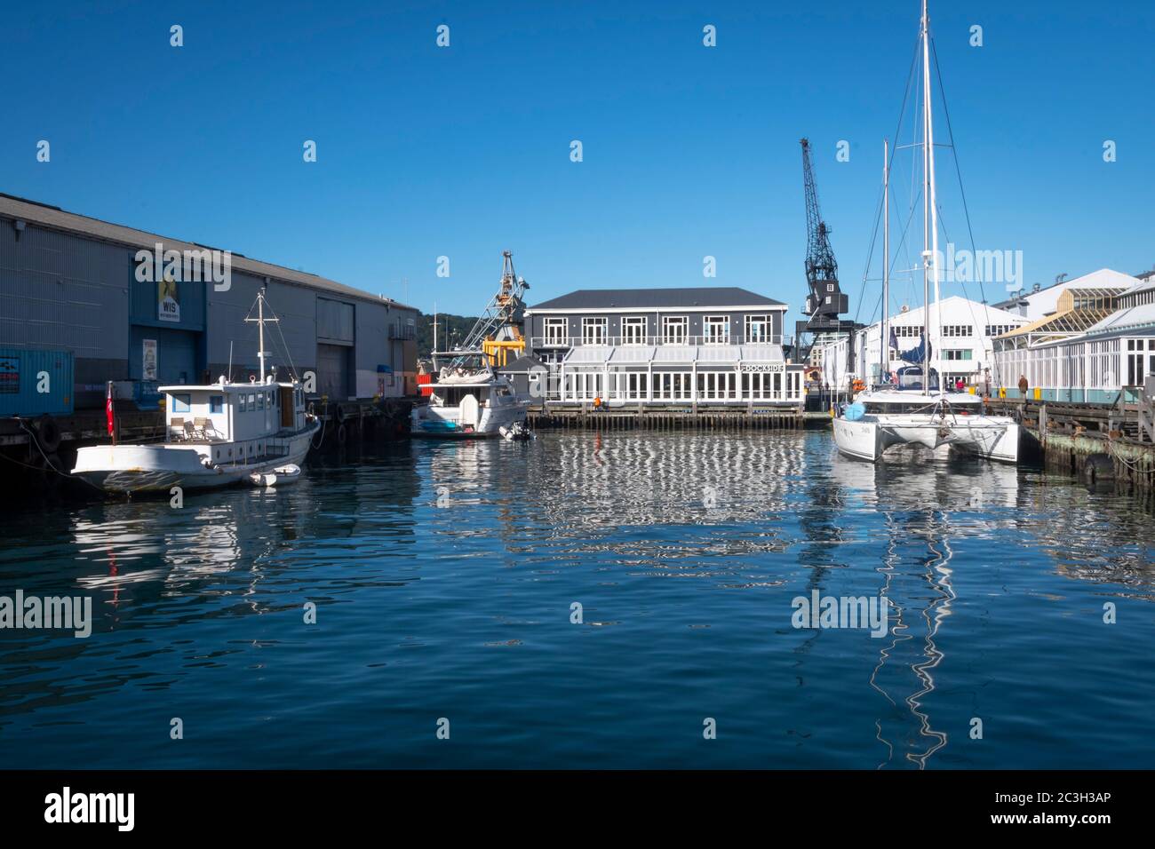 Boats in harbour at Queens Wharf, Wellington Harbour, North Island, New Zealand Stock Photo